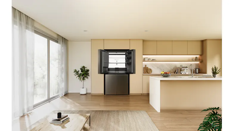 Black quad-door refrigerator with the upper doors open, showing a spacious refrigerator compartment in a modern kitchen Black quad-door refrigerator with the upper doors open, showing a spacious refrigerator compartment in a modern kitchen