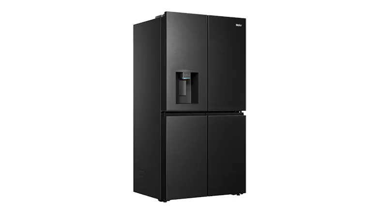 Front-angled view of a black Haier 600 Series 624L four-door refrigerator with a brushed finish, water dispenser, and visible side panel Front-angled view of a black Haier 600 Series 624L four-door refrigerator with a brushed finish, water dispenser, and visible side panel