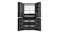 Front view of a black quad-door refrigerator with all doors open, showing shelves, drawers, and door storage compartments Front view of a black quad-door refrigerator with all doors open, showing shelves, drawers, and door storage compartments