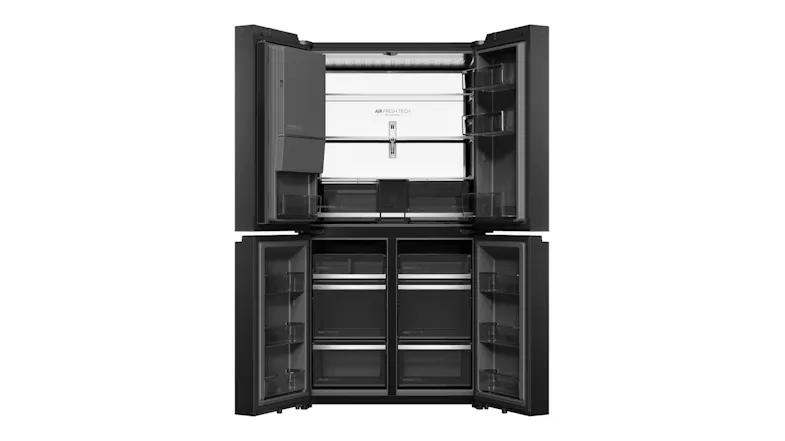 Front view of a black quad-door refrigerator with all doors open, showing shelves, drawers, and door storage compartments Front view of a black quad-door refrigerator with all doors open, showing shelves, drawers, and door storage compartments