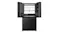 Front view of a black Haier 600 Series refrigerator with the upper doors open, revealing interior shelves and storage bins Front view of a black Haier 600 Series refrigerator with the upper doors open, revealing interior shelves and storage bins