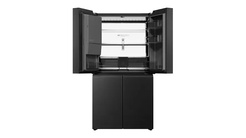 Front view of a black Haier 600 Series refrigerator with the upper doors open, revealing interior shelves and storage bins Front view of a black Haier 600 Series refrigerator with the upper doors open, revealing interior shelves and storage bins