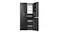 Front view of a black quad-door refrigerator with selected doors open, showing shelves, drawers, and door storage bins Front view of a black quad-door refrigerator with selected doors open, showing shelves, drawers, and door storage bins