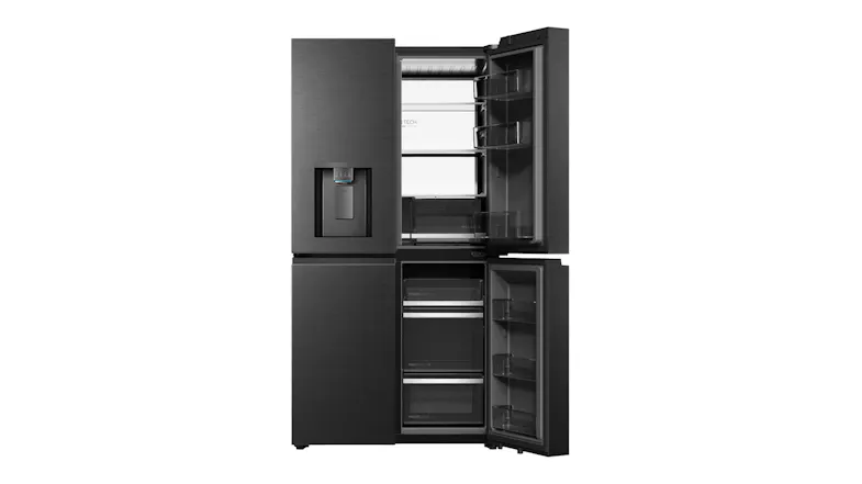 Front view of a black quad-door refrigerator with selected doors open, showing shelves, drawers, and door storage bins Front view of a black quad-door refrigerator with selected doors open, showing shelves, drawers, and door storage bins