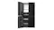 Front view of a black four-door refrigerator with the left doors open, revealing interior shelving and freezer drawers Front view of a black four-door refrigerator with the left doors open, revealing interior shelving and freezer drawers