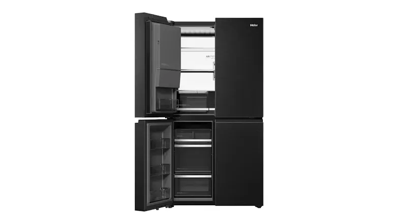 Front view of a black four-door refrigerator with the left doors open, revealing interior shelving and freezer drawers Front view of a black four-door refrigerator with the left doors open, revealing interior shelving and freezer drawers