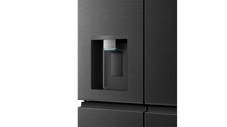 Close-up view of a black refrigerator water dispenser with touch controls on a brushed metal door panel Close-up view of a black refrigerator water dispenser with touch controls on a brushed metal door panel