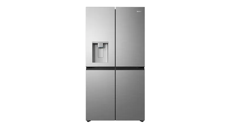 Front view of a silver Haier 600 Series 624L Quad Door Smart Fridge Freezer with Ice & Water Dispenser, featuring a built-in water dispenser and four-door design Front view of a silver Haier 600 Series 624L Quad Door Smart Fridge Freezer with Ice & Water Dispenser, featuring a built-in water dispenser and four-door design