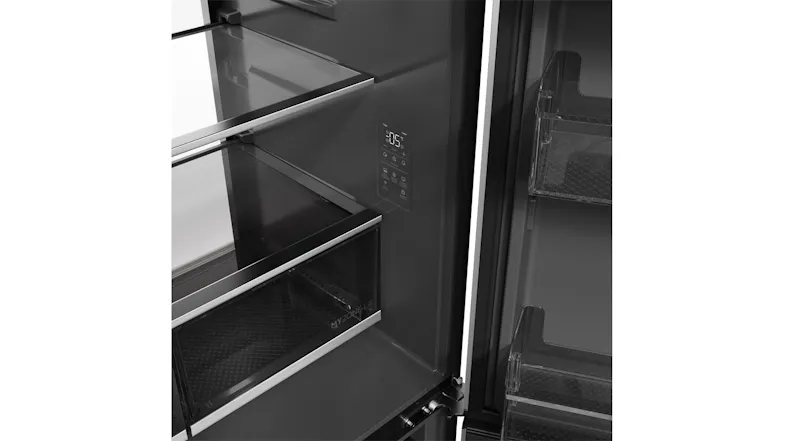 Close-up of the refrigerator interior featuring glass shelves, door bins, and a digital temperature control panel Close-up of the refrigerator interior featuring glass shelves, door bins, and a digital temperature control panel