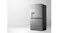 Front-angled view of a silver Haier 600 Series four-door refrigerator with an integrated water dispenser and dark side panel Front-angled view of a silver Haier 600 Series four-door refrigerator with an integrated water dispenser and dark side panel
