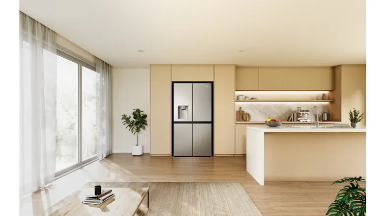 Front view of a Haier 600 Series refrigerator with a built-in water dispenser in a modern kitchen setting Front view of a Haier 600 Series refrigerator with a built-in water dispenser in a modern kitchen setting