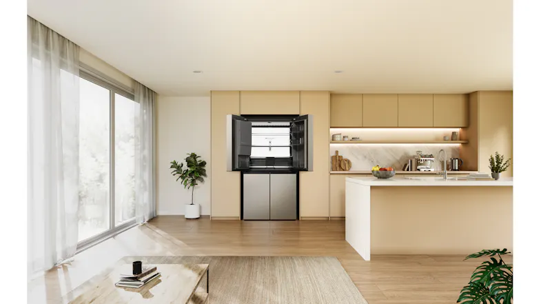 Front view of a Haier 600 Series fridge with the upper doors open, displaying spacious interior shelving Front view of a Haier 600 Series fridge with the upper doors open, displaying spacious interior shelving