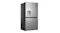 Front-angled view of a silver Haier 600 Series 624L four-door refrigerator with a water dispenser and dark side panel design Front-angled view of a silver Haier 600 Series 624L four-door refrigerator with a water dispenser and dark side panel design