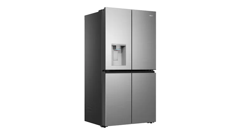 Front-angled view of a silver Haier 600 Series 624L four-door refrigerator with a water dispenser and dark side panel design Front-angled view of a silver Haier 600 Series 624L four-door refrigerator with a water dispenser and dark side panel design