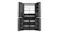 Interior front view of a silver four-door refrigerator with open fridge and freezer compartments Interior front view of a silver four-door refrigerator with open fridge and freezer compartments