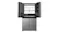 Front view of a stainless steel Haier 600 Series 624L four-door refrigerator with the upper doors open, revealing storage shelves Front view of a stainless steel Haier 600 Series 624L four-door refrigerator with the upper doors open, revealing storage shelves