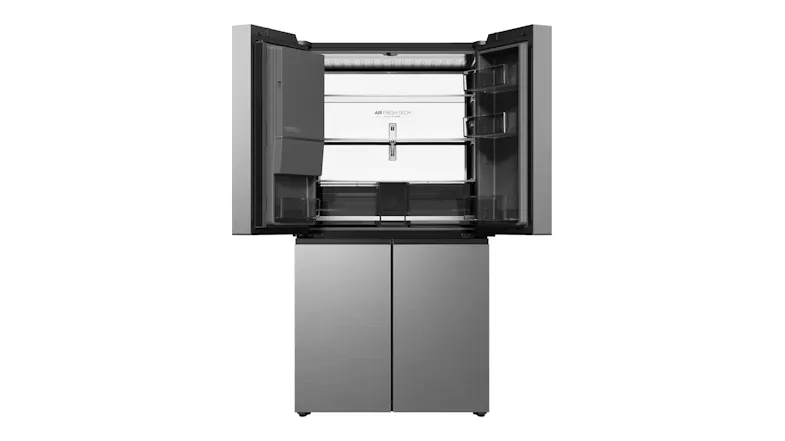 Front view of a stainless steel Haier 600 Series 624L four-door refrigerator with the upper doors open, revealing storage shelves Front view of a stainless steel Haier 600 Series 624L four-door refrigerator with the upper doors open, revealing storage shelves
