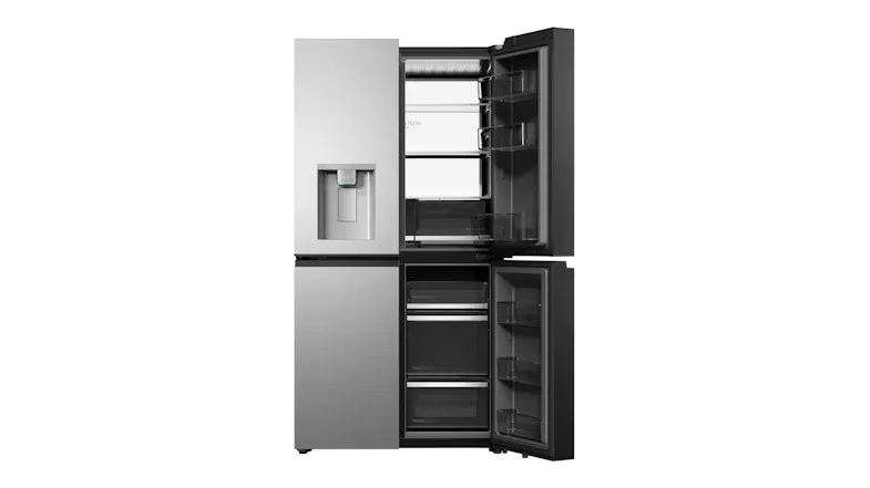 Front-left view of a silver four-door refrigerator with the left fridge door and right freezer door open Front-left view of a silver four-door refrigerator with the left fridge door and right freezer door open