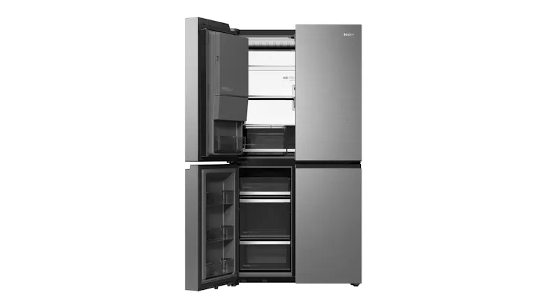 Front-right view of a silver Haier 600 Series four-door refrigerator with the right fridge door and left freezer door open Front-right view of a silver Haier 600 Series four-door refrigerator with the right fridge door and left freezer door open