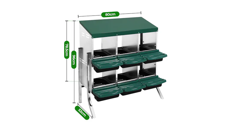 Angled view of green six-compartment poultry feeder with dimensions displayed and a raised galvanised steel frame Angled view of green six-compartment poultry feeder with dimensions displayed and a raised galvanised steel frame