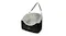 Angled view of a small black and grey pet car booster seat with quilted lining, raised sides, and hanging straps Angled view of a small black and grey pet car booster seat with quilted lining, raised sides, and hanging straps