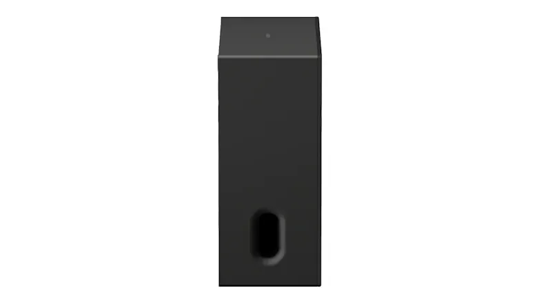 Front view of the black subwoofer with smooth matte finish Front view of the black subwoofer with smooth matte finish