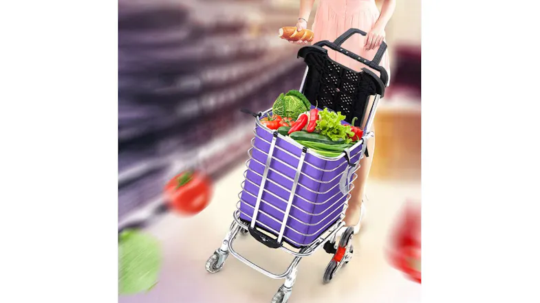 A shopping trolley filled with fresh produce, portable grocery transport use case A shopping trolley filled with fresh produce, portable grocery transport use case