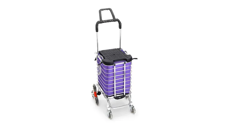 An angled front view of a purple folding shopping cart with a stainless-steel frame and telescopic handle An angled front view of a purple folding shopping cart with a stainless-steel frame and telescopic handle