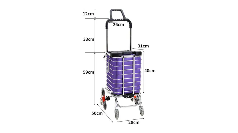 A folding shopping cart with product dimensions and a stainless-steel frame A folding shopping cart with product dimensions and a stainless-steel frame