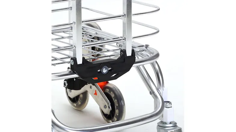 A stainless-steel shopping cartwheel assembly close-up with swivel caster A stainless-steel shopping cartwheel assembly close-up with swivel caster