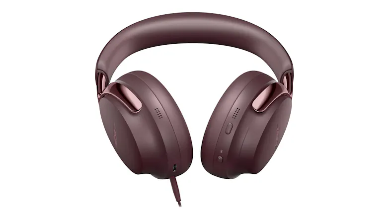 Angled view of the Bose QuietComfort Ultra (2nd Gen) headphones with an attached audio cable Angled view of the Bose QuietComfort Ultra (2nd Gen) headphones with an attached audio cable