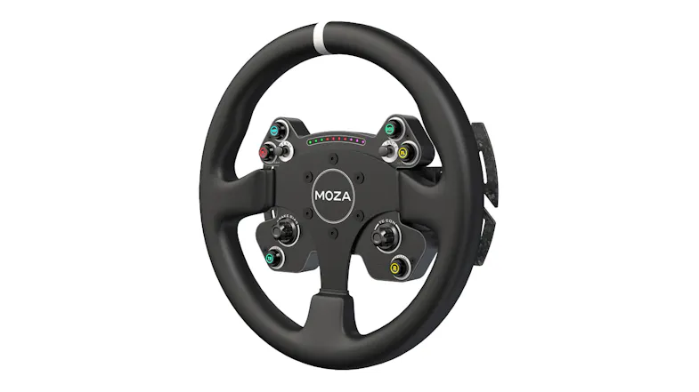Side view of the racing steering wheel with round grip, RGB shift lights, and multi-function controls Side view of the racing steering wheel with round grip, RGB shift lights, and multi-function controls