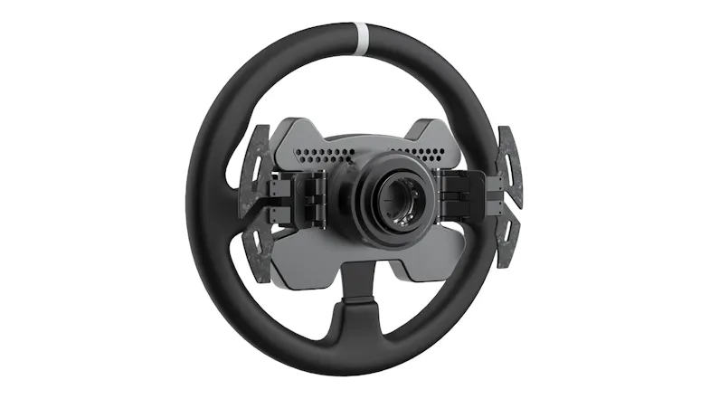 Rear view of the MOZA steering wheel with paddle shifters and quick-release hub mount Rear view of the MOZA steering wheel with paddle shifters and quick-release hub mount