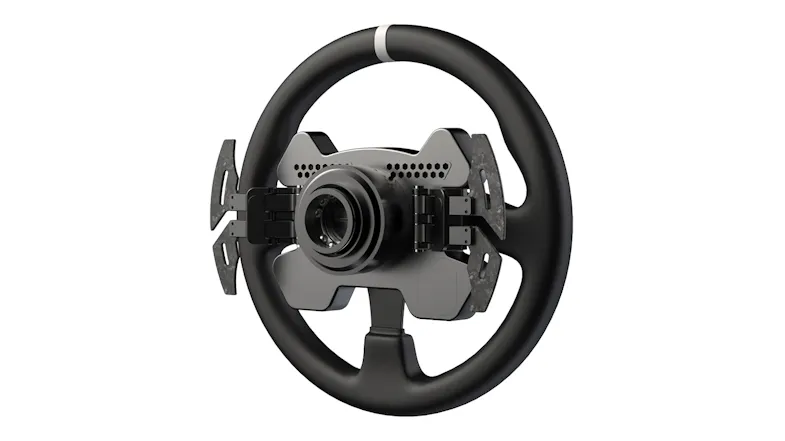 Angled view of a black steering wheel with paddle shifters Angled view of a black steering wheel with paddle shifters
