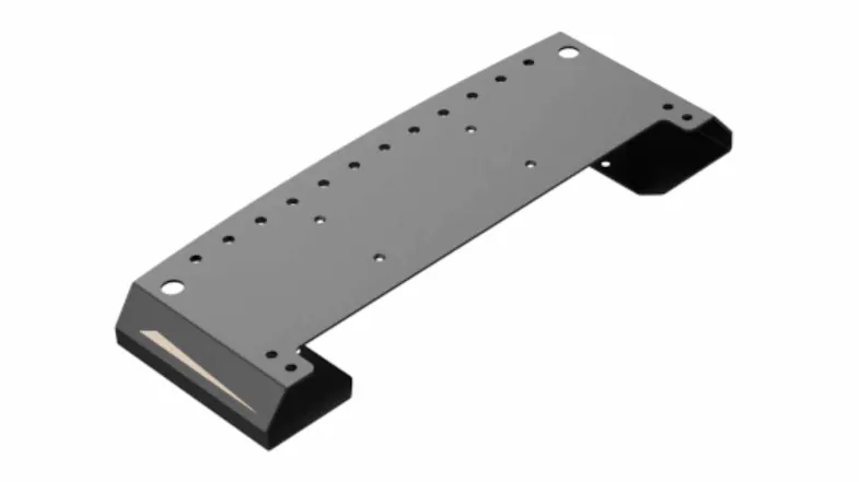 Angled view of a black MOZA Racing MBooster Base Extension Plate with multiple drill holes, a rectangular design, and folded end supports Angled view of a black MOZA Racing MBooster Base Extension Plate with multiple drill holes, a rectangular design, and folded end supports