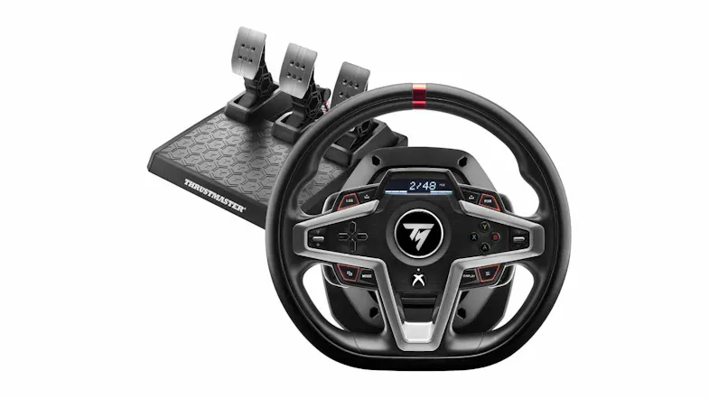 Front view of a Thrustmaster T248 Simulation Racing Kit for Xbox and PC with a three-pedal set, black finish, and red centre marker Front view of a Thrustmaster T248 Simulation Racing Kit for Xbox and PC with a three-pedal set, black finish, and red centre marker