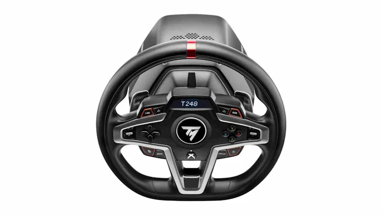 Front view of a black Thrustmaster T248 racing wheel mounted on a wheel base with an integrated display screen Front view of a black Thrustmaster T248 racing wheel mounted on a wheel base with an integrated display screen