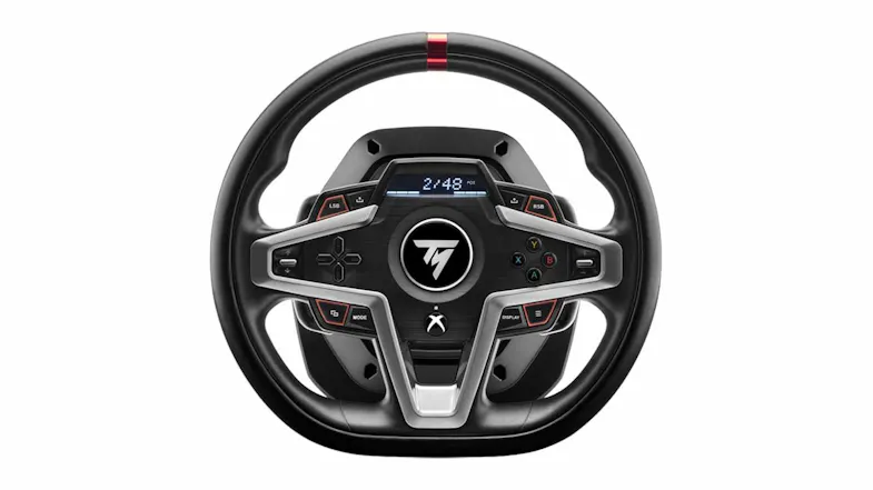 Front view of a black Thrustmaster T248 racing wheel with silver spokes, control buttons, and a display screen Front view of a black Thrustmaster T248 racing wheel with silver spokes, control buttons, and a display screen