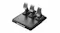 Front-angled view of a Thrustmaster three-pedal racing pedal set with silver pedal plates and a textured black base Front-angled view of a Thrustmaster three-pedal racing pedal set with silver pedal plates and a textured black base