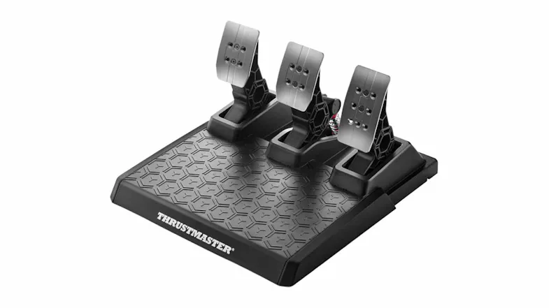Front-angled view of a Thrustmaster three-pedal racing pedal set with silver pedal plates and a textured black base Front-angled view of a Thrustmaster three-pedal racing pedal set with silver pedal plates and a textured black base