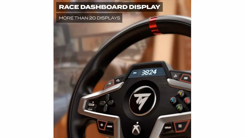Close-up angled view of a black Thrustmaster T248 racing wheel with a digital dashboard display and red centre marker Close-up angled view of a black Thrustmaster T248 racing wheel with a digital dashboard display and red centre marker