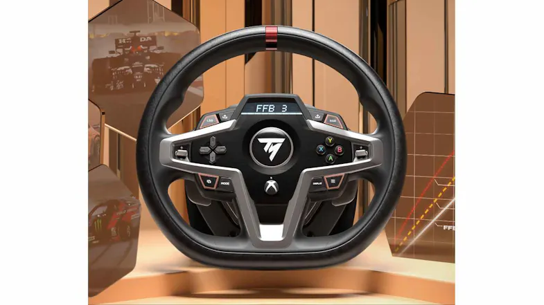 Front view of a Thrustmaster T248 racing wheel with an integrated display, black rim, and silver spoke design Front view of a Thrustmaster T248 racing wheel with an integrated display, black rim, and silver spoke design