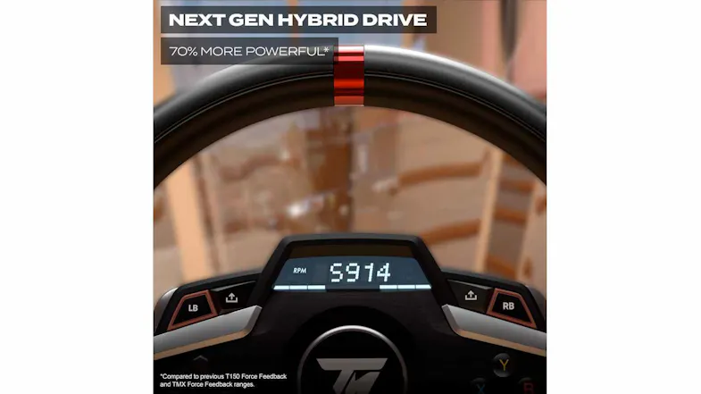 Close-up view of a Thrustmaster T248 racing wheel display, black rim with a red centre marker, and digital dashboard Close-up view of a Thrustmaster T248 racing wheel display, black rim with a red centre marker, and digital dashboard