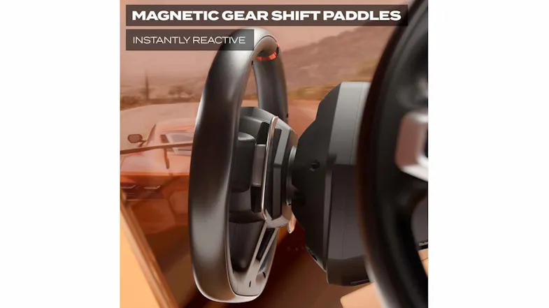 Side-angled view of a Thrustmaster T248 racing wheel showing magnetic gear shift paddles and a black wheel housing Side-angled view of a Thrustmaster T248 racing wheel showing magnetic gear shift paddles and a black wheel housing