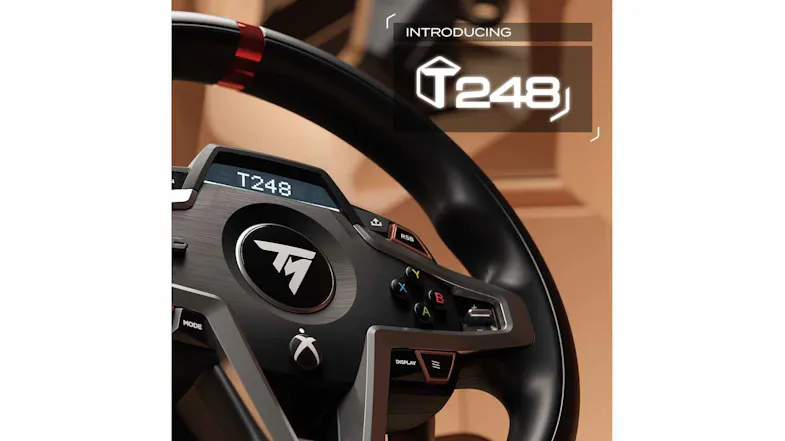 Close-up angled view of a black Thrustmaster T248 racing wheel with a digital display, control buttons, and a red centre stripe Close-up angled view of a black Thrustmaster T248 racing wheel with a digital display, control buttons, and a red centre stripe
