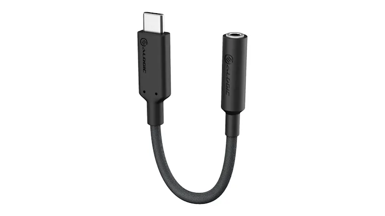 Angled view of black Alogic USB-C to 3.5mm audio adapter with braided cable Angled view of black Alogic USB-C to 3.5mm audio adapter with braided cable