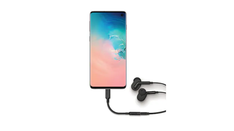 Black Alogic USB-C audio adapter connected to a smartphone with wired in-ear headphones Black Alogic USB-C audio adapter connected to a smartphone with wired in-ear headphones