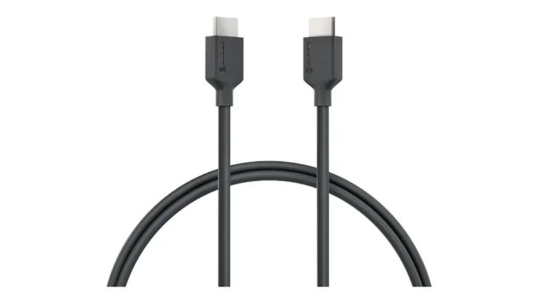 Front view of a black Alogic Elements HDMI Cable (2m) with 4K support, straight connectors, and a curved cable design Front view of a black Alogic Elements HDMI Cable (2m) with 4K support, straight connectors, and a curved cable design