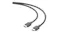 Angled view of a black HDMI Cable to HDMI Cable showing metal connector tips and a flexible cable Angled view of a black HDMI Cable to HDMI Cable showing metal connector tips and a flexible cable