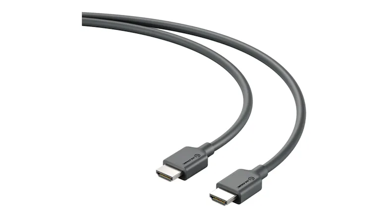 Angled view of a black HDMI Cable to HDMI Cable showing metal connector tips and a flexible cable Angled view of a black HDMI Cable to HDMI Cable showing metal connector tips and a flexible cable